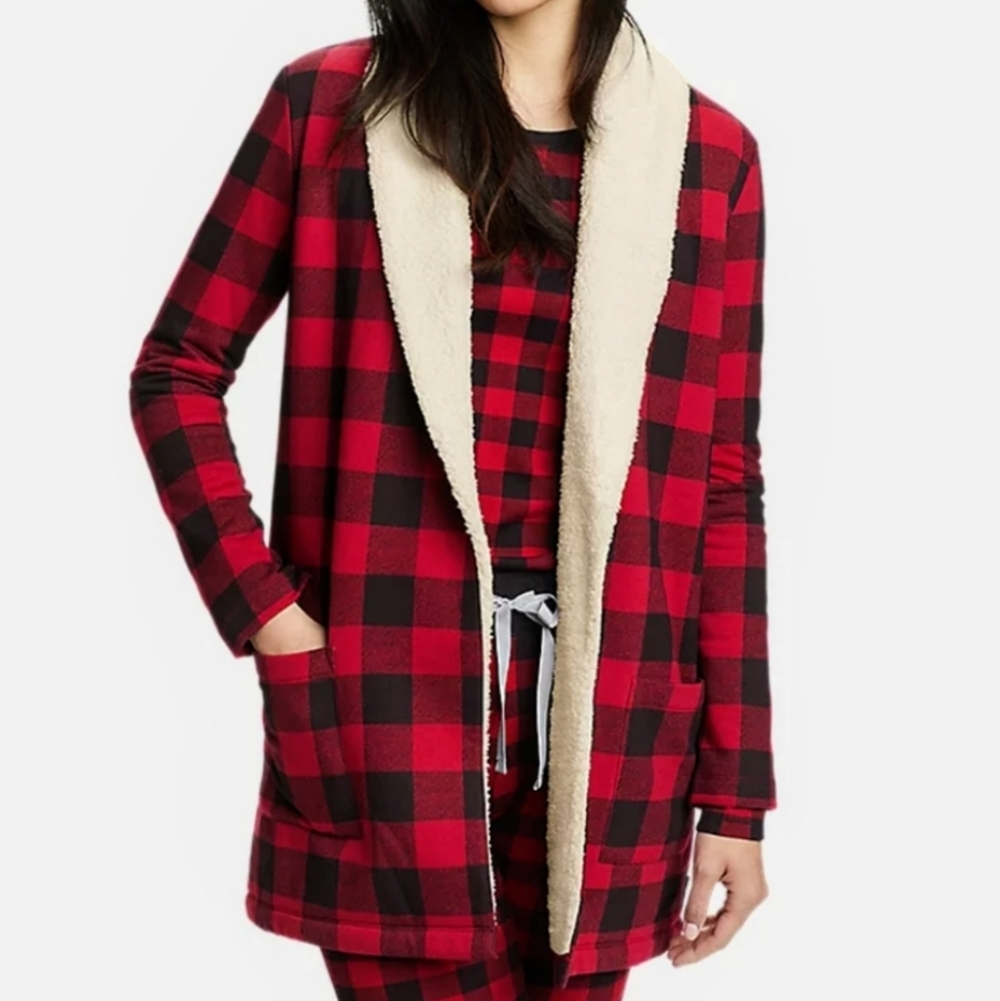 Eddie Bauer Buffalo Check Sherpa Cardigan With Pockets Size Small